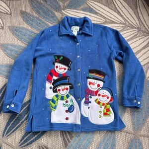 The Quaker Factory Fleece Jacket Women Medium Blue Snowman Long Sleeve Button Up